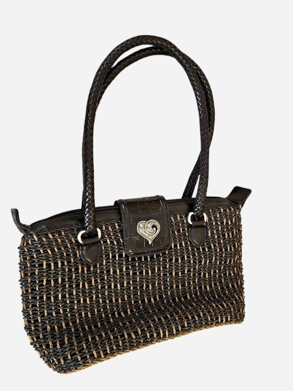 Brighton Black Straw Woven Shoulder Bag | Heart Medallion Ladybug Print